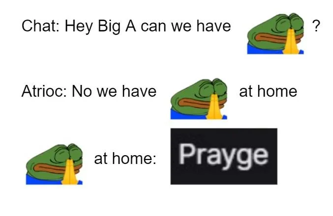 A comparison meme template using Prayge emotes showing ordering at restaurant versus at-home alternative versions.