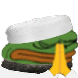 A Prayge variant showing Pepe in praying position with a stack of items and yellow prayer hands on yellow background.