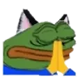 A Prayge emote variant showing Pepe in praying pose with distinctive yellow prayer hands element on dark background.
