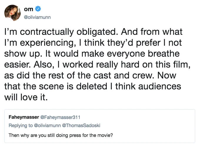 Screenshot of Olivia Munn tweet about attending Predator movie press