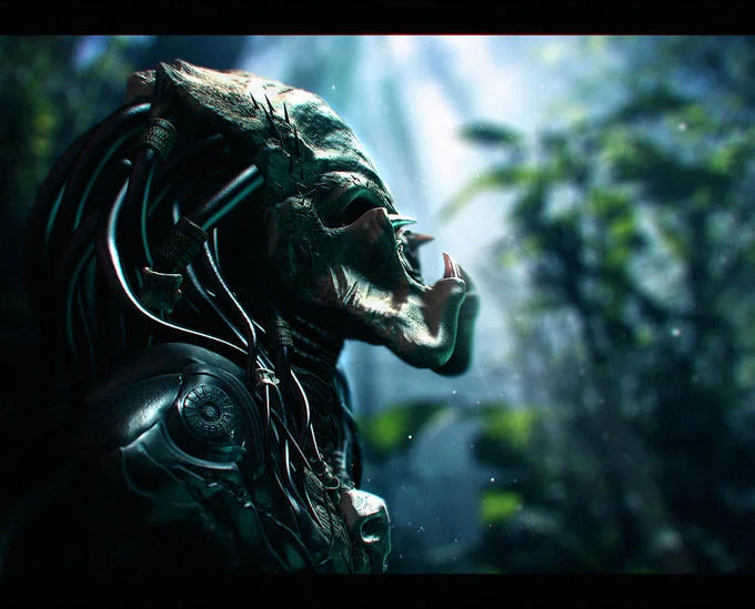 Dark fan art of Predator warrior with spear surrounded by skulls
