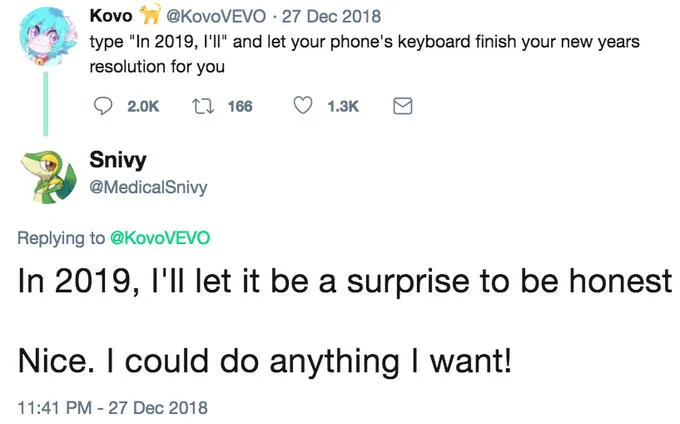 Reply tweet from @MedicalSnivy with an optimistic predictive text resolution.