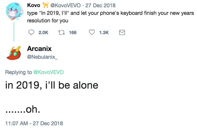 Reply tweet from @Nebulanix_ with a melancholy predictive text resolution.
