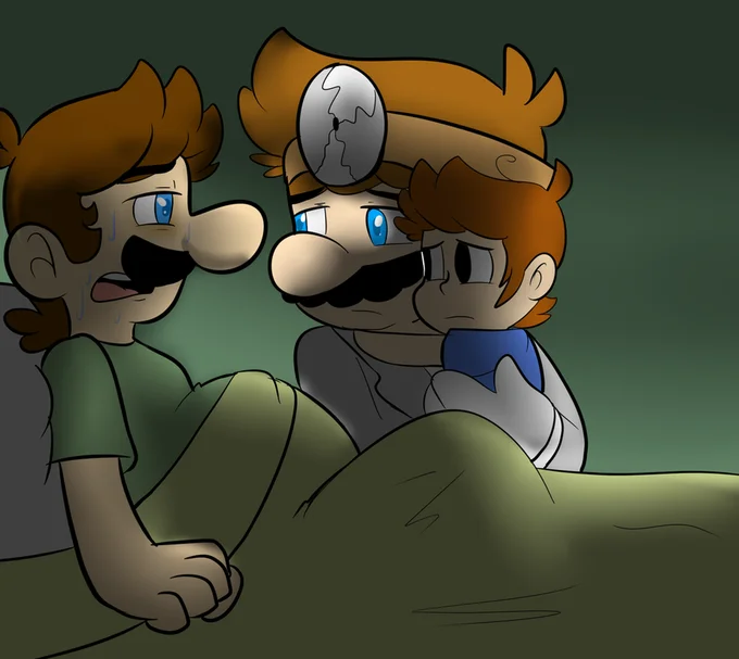 Dr. Mario examining pregnant Luigi in bed with Daisy watching