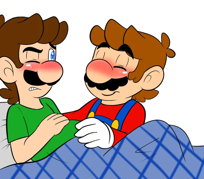 Pregnant Luigi — Luigi and blushing Mario together in bed under a blue blanket