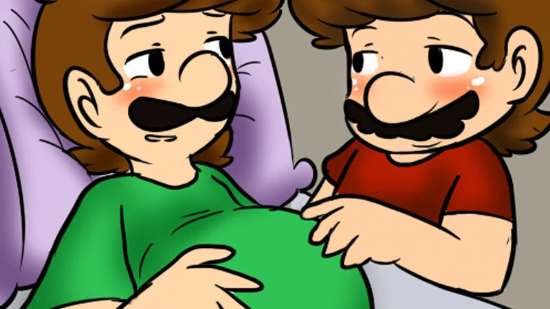Cartoon of pregnant Luigi in green shirt with Mario touching his belly
