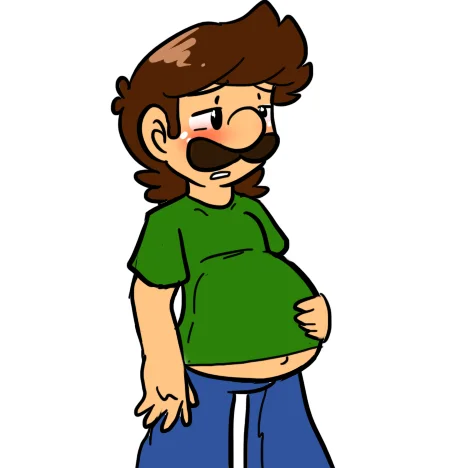 Cartoon of pregnant Luigi holding his belly in green shirt