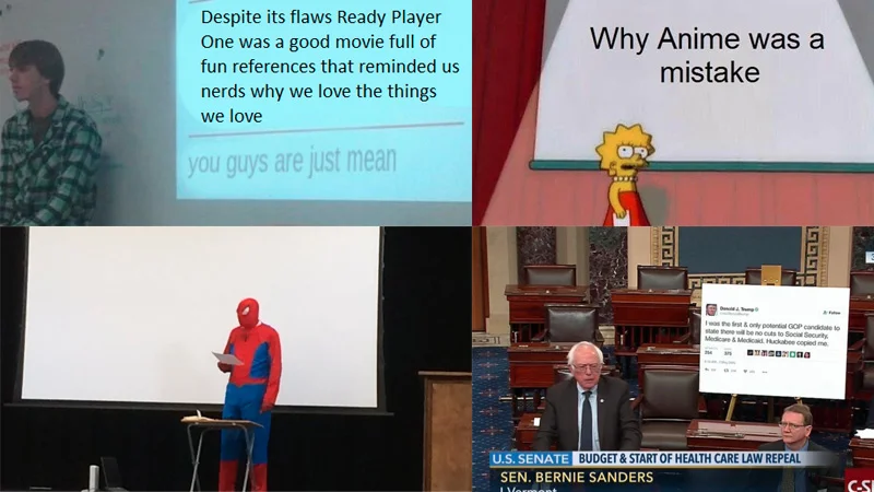 Four-panel collage of presentation edits featuring student, Lisa Simpson, Spider-Man, and Bernie Sanders