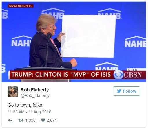 Presentation Edits — Tweet from Rob Flaherty showing Trump with blank whiteboard captioned Go to town folks