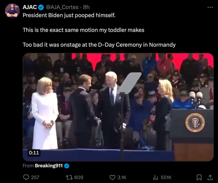 President Joe Biden Pooping Himself At Normandy Allegations — AJAC tweet comparing Biden's motion at Normandy to a toddler pooping