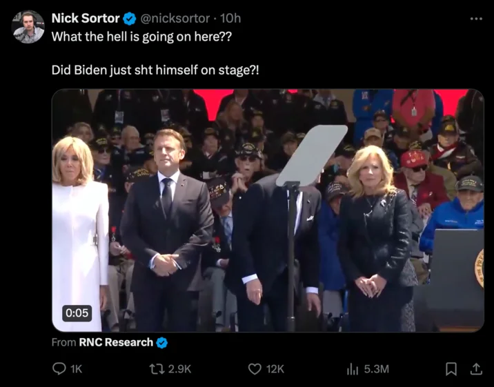 President Joe Biden Pooping Himself At Normandy Allegations — Nick Sortor tweet asking whether Biden just shit himself on stage