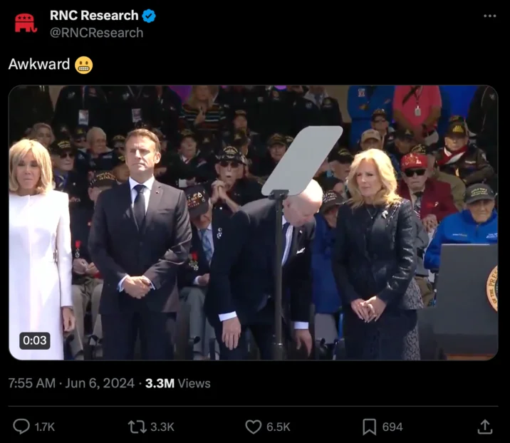 President Joe Biden Pooping Himself At Normandy Allegations — RNC Research tweet reading 'Awkward' with the viral Biden Normandy clip