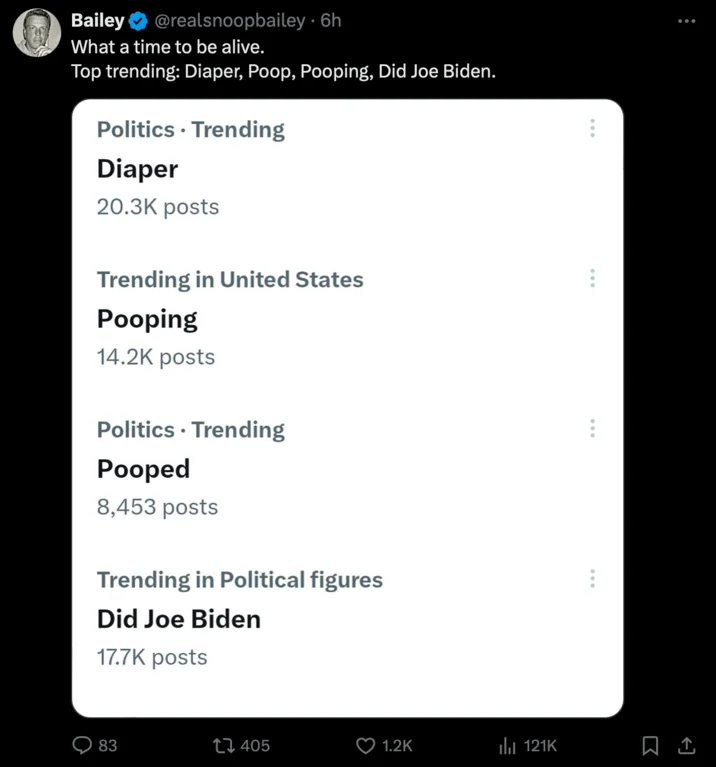 President Joe Biden Pooping Himself At Normandy Allegations — Screenshot of X trending topics: Diaper, Pooping, Pooped, and Did Joe Biden