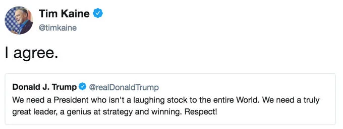President Trumps 2018 United Nations General Assembly Speech Reaction — A Twitter screenshot of Senator Tim Kaine replying 'I agree' to a Trump tweet about