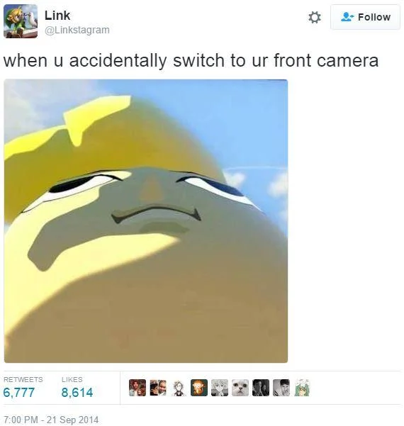 [Press A] to Let Go — Tweet from @Linkstagram joking about the front camera, showing the zoomed-in Link 'Let Go' image