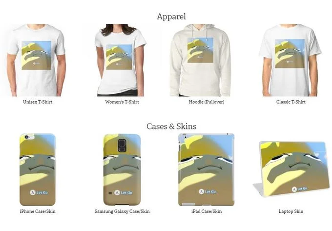 [Press A] to Let Go — Redbubble-style merchandise grid featuring Link 'A Let Go' apparel and device cases
