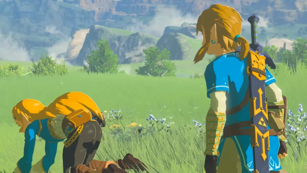 Press A to Mount — Zelda bent over in a grassy field with Link standing behind her in Breath of the Wild cutscene