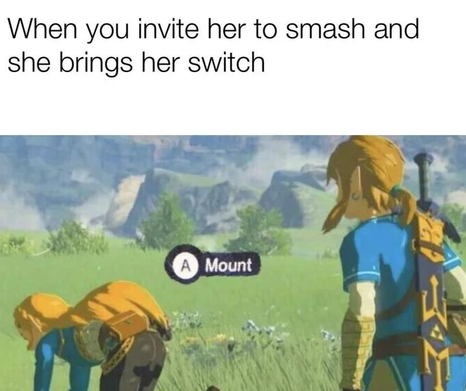 Press A to Mount — Zelda meme with caption about inviting her to smash and her bringing a Switch, with A Mount prompt
