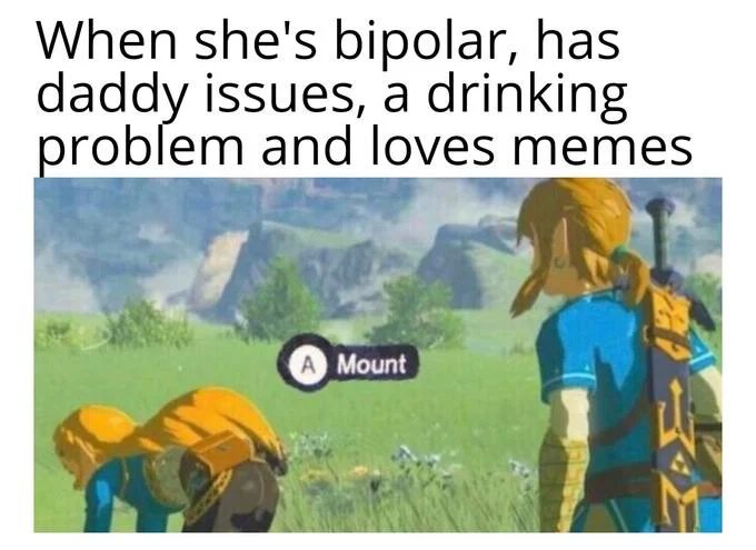 Press A to Mount — Zelda meme with caption about ideal problematic girl and A Mount button prompt