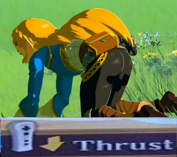 Press A to Mount — Zoomed close-up of Zelda bent over with fake Thrust button prompt