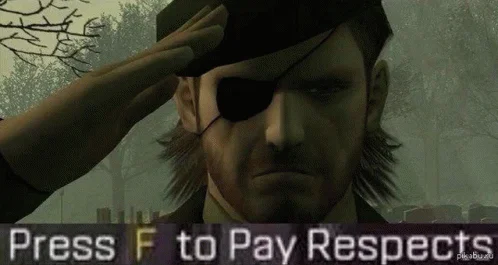 Big Boss from Metal Gear Solid captured mid-salute with 'Press F to Pay Respects' text overlay.