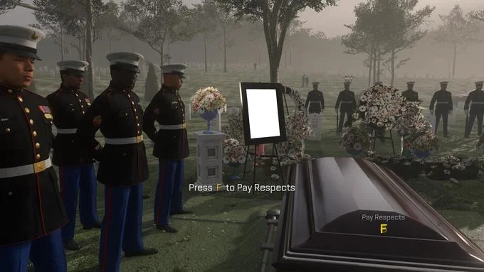 Press F to Pay Respects — Call of Duty Advanced Warfare funeral scene with military personnel in dress uniforms beside a draped casket in foggy cemetery.
