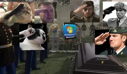 Multi-panel collage combining various video game characters and Windows 7 logo with 'Press F to Pay Respects' text.