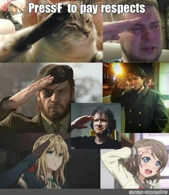 Press F to Pay Respects — A multi-panel grid layout featuring video game characters in dramatic poses with 'PressF to pay respects' text at top.
