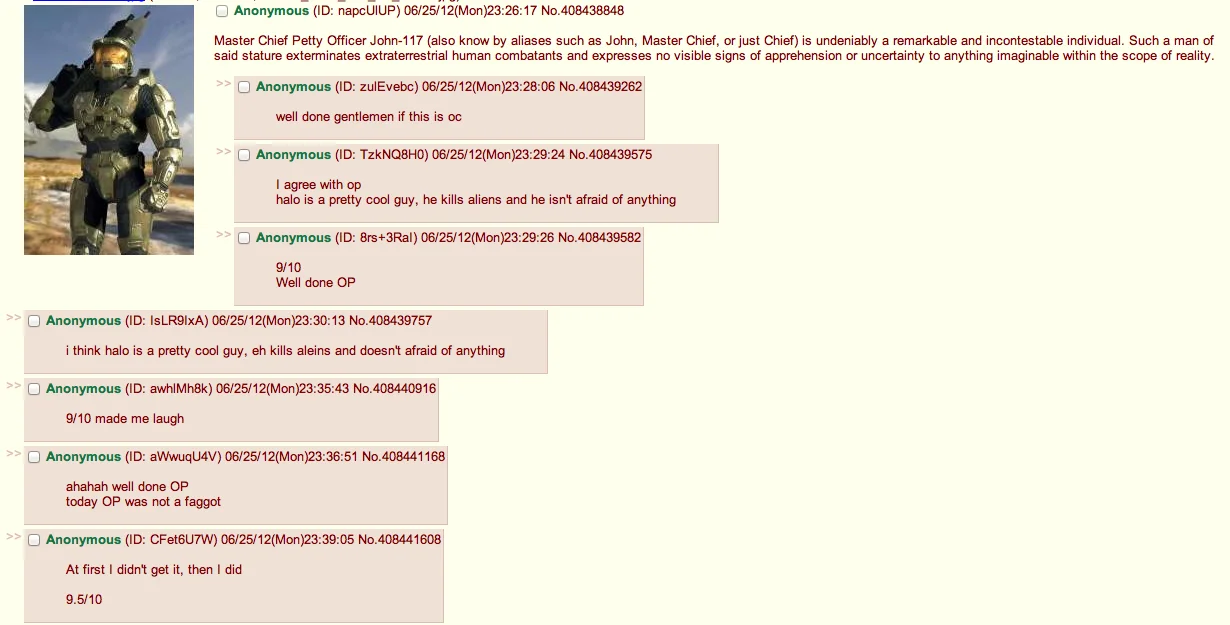 4chan /v/ thread reiterating the pretty cool guy Halo meme in 2012