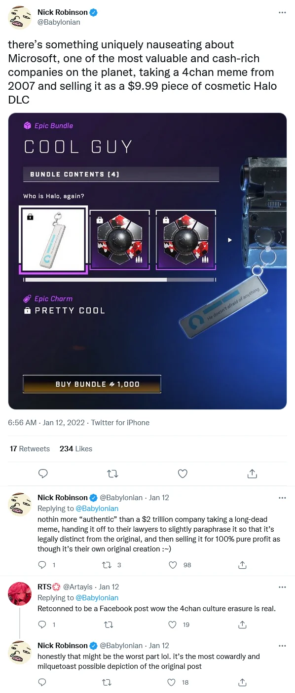 Tweet criticizing Halo Infinite selling the pretty cool guy meme as paid DLC