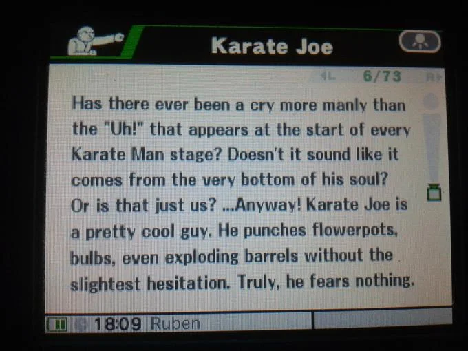 Rhythm Heaven 3DS text referencing Karate Joe as a pretty cool guy