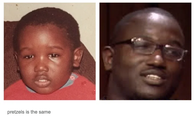 Side-by-side of young child and adult Hannibal Buress with caption 'pretzels is the same'