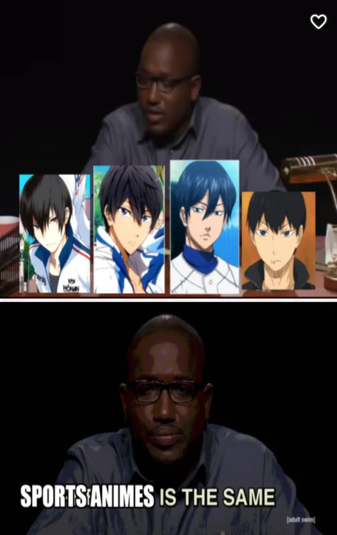 Pretzels Is the Same — Four similar dark-haired sports anime characters above Hannibal Buress with text 'SPORTS ANIMES IS THE SAME'