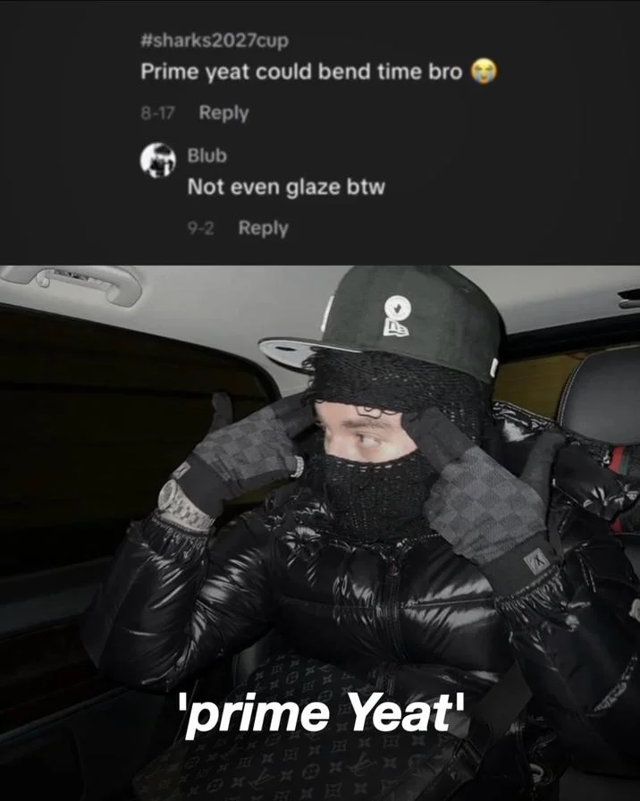 TikTok comment screenshot above photo of rapper Yeat in balaclava and puffer jacket labeled prime Yeat