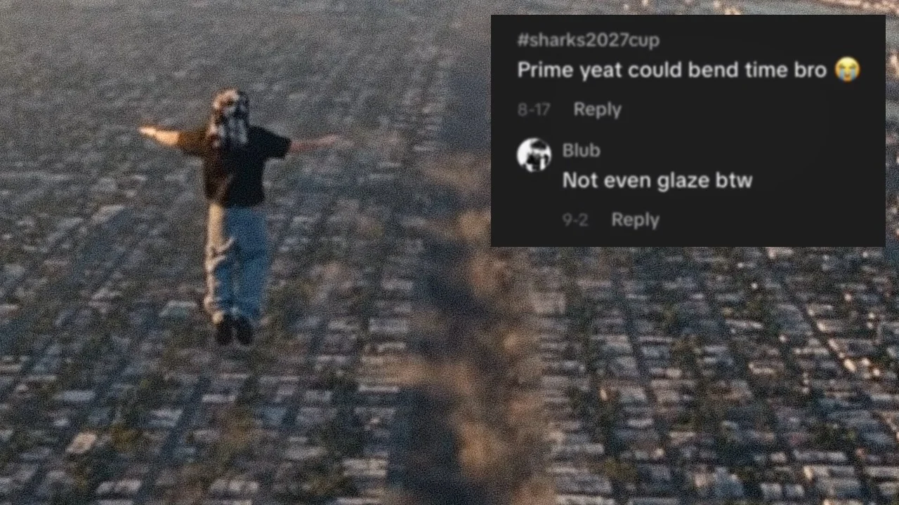 Aerial image of person floating above city with overlaid TikTok comments about Prime Yeat bending time