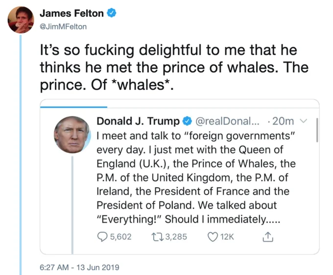 Tweet showing a humpback whale wearing a crown emoji labeled Prince of Whales
