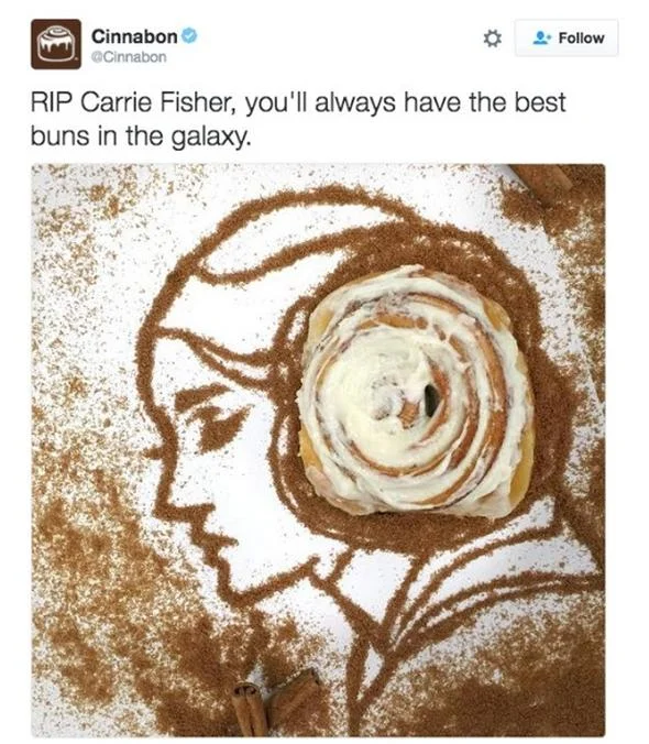 Princess Leia — Cinnabon tweet honoring Carrie Fisher with cinnamon-drawn Leia portrait and a cinnamon-roll hair bun.