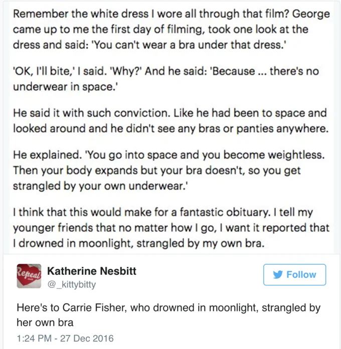 Princess Leia — Tweet quoting Carrie Fisher's 'no underwear in space' anecdote and a fan tribute referencing it.