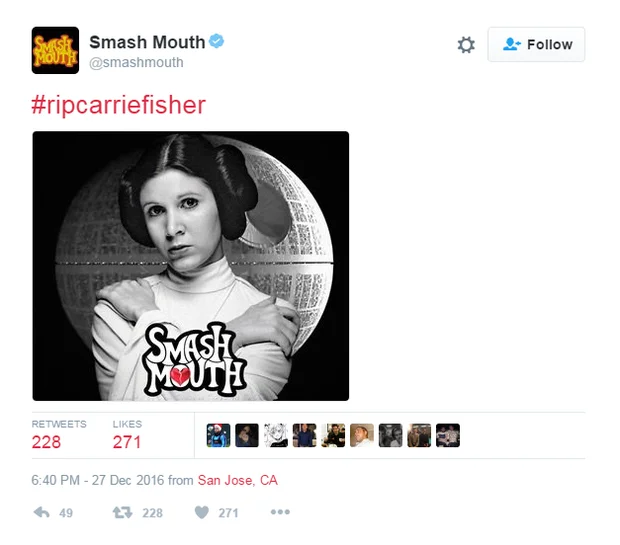 Princess Leia — Smash Mouth tweet with #ripcarriefisher and a photoshopped Leia wearing a Smash Mouth shirt.