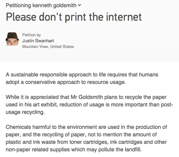 Printing Out the Internet — Screenshot of Change.org petition Please Don't Print the Internet by Justin Swanhart