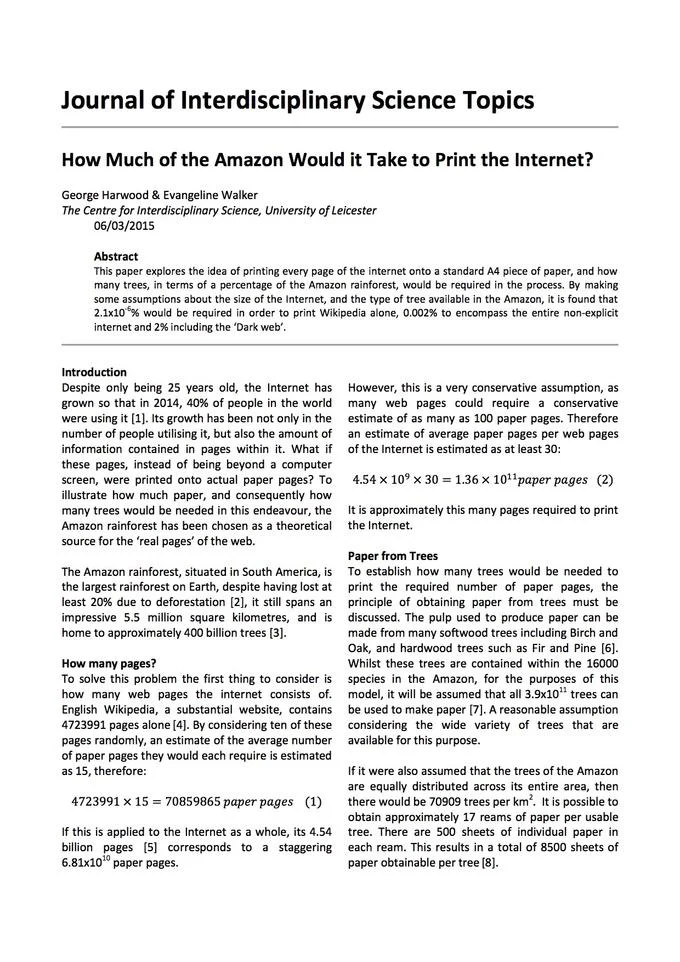 Printing Out the Internet — First page of the Leicester University academic paper How Much of the Amazon Would it Take to Print the Internet