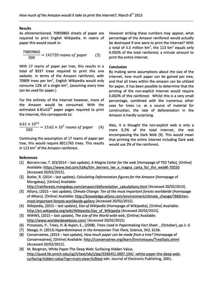 Printing Out the Internet — Second page of the Leicester University paper on printing the internet showing results and references