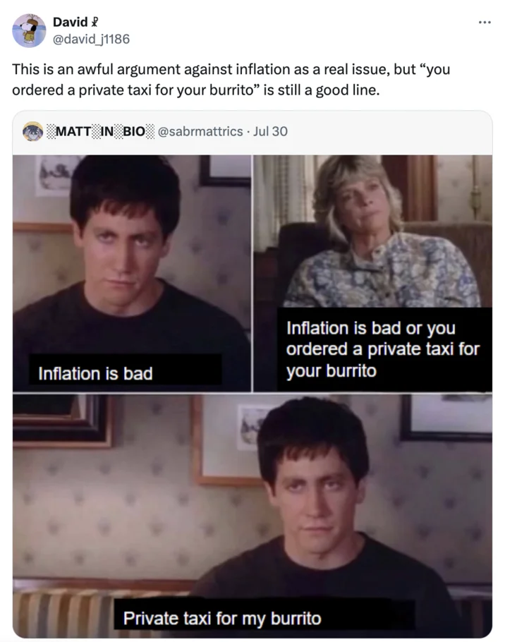Private Taxi For My Burrito — Tweet criticizing the inflation argument with the three-panel Donnie Darko meme as humorous counterpoint.