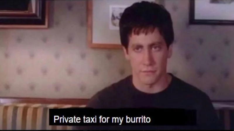 Isolated image of the Donnie Darko character with 'Private taxi for my burrito' text overlay.