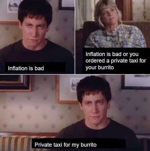 Private Taxi For My Burrito — The iconic three-panel Donnie Darko meme format featuring the inflation argument progression to the burrito punchline.