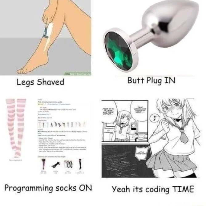 Programming Socks — Black and white manga panels of an anime girl in a sailor uniform contemplating coding with visible C++ code and text LET'S PROGRAM