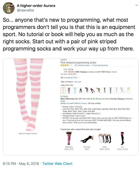 Tweet by @rawrafox dated May 6 2018 claiming programming requires pink striped programming socks, with Amazon listing screenshot