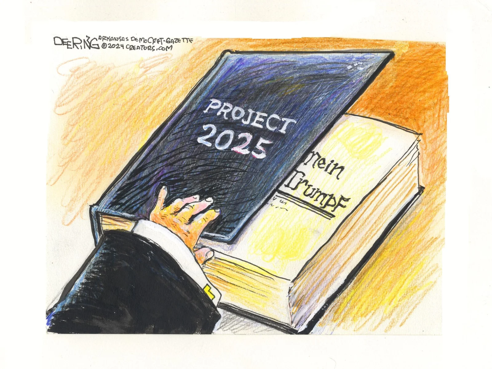 Project 2025 Memes — Satirical cartoon showing Trump's hands grasping Project 2025 and Mein Kampf books.