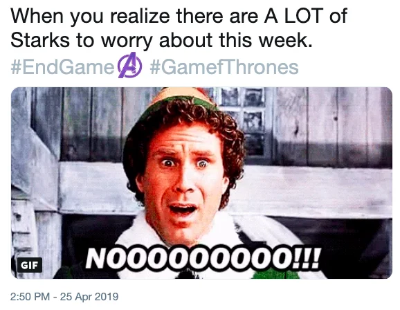 Protect The Starks — Tweet with Buddy the Elf shouting NOOOO reacting to worrying about all the Starks