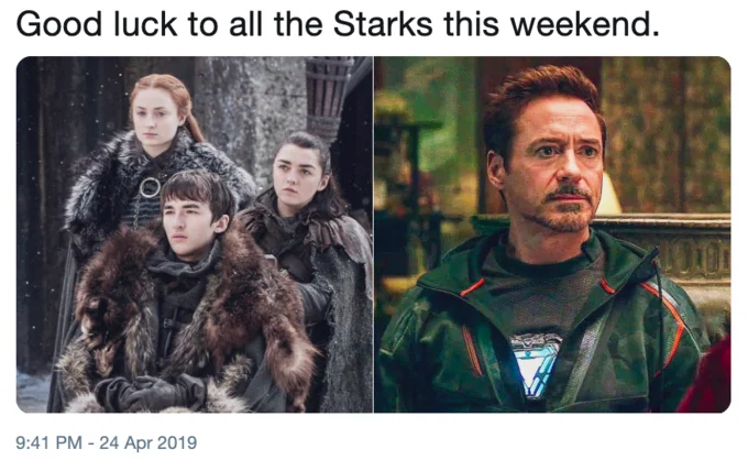 Protect The Starks — Tweet by Frank Pallotta wishing luck to all the Starks with side-by-side Stark siblings and Tony Stark